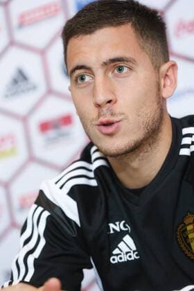 - BRUSSELS, BELGIUM: Belgium s Eden Hazard pictured during a press moment of national coach and three players after a closed training session of Belgian national soccer team Red Devils, Friday 14 November 2014, in Neerpede, Brussels. Belgium will play its third game of the Euro 2016 qualification against Wales on Sunday. BRUNOxFAHY  xpremiumd 20812713x