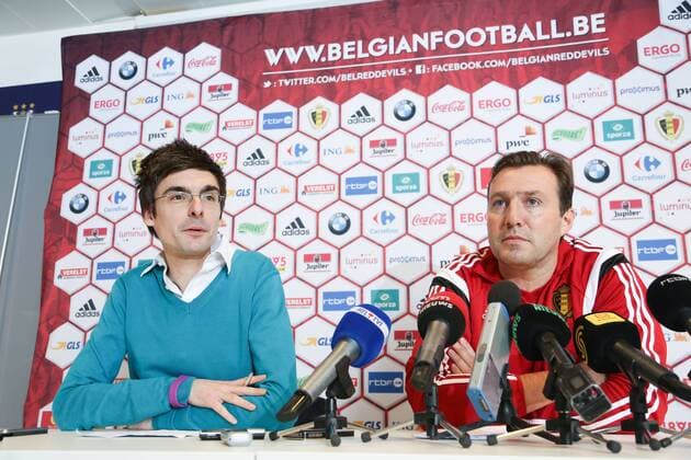 - BRUSSELS, BELGIUM: Belgium s spokesman Pierre Cornez and Belgium s head coach Marc Wilmots pictured during a press moment of national coach and three players after a closed training session of Belgian national soccer team Red Devils, Friday 14 November 2014, in Neerpede, Brussels. Belgium will play its third game of the Euro 2016 qualification against Wales on Sunday. BRUNOxFAHY  xpremiumd 20813389x