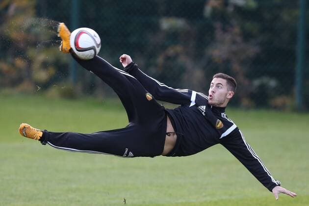 - BRUSSELS, BELGIUM: Belgium s Eden Hazard pictured during a training session of Belgian national soccer team Red Devils, Saturday 15 November 2014, in Neerpede, Brussels. Belgium will play its third game of the Euro 2016 qualification against Wales on Sunday. BRUNOxFAHY  xpremiumd kur20240136x