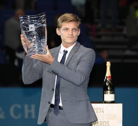 TENNIS - ATP, World Tour Finals 2014 LONDON,ENGLAND,15.NOV.14 - TENNIS - ATP Tennis Herren World Tour, World Tour Finals 2014. Image shows David Goffin (BEL). Keywords: trophy. 