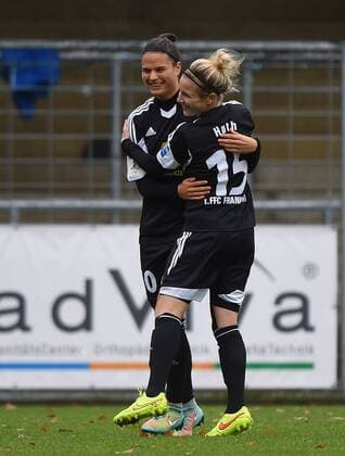 16.11.2014, xjhx, Fussball 1.Bundesliga Damen, TSG 1899 Hoffenheim - 1.FFC Frankfurt, v.l. Dzsenifer Marozsan (1.FFC Frankfurt), Svenja Huth (1.FFC Frankfurt) Torjubel, Goal celebration, celebrate the goal 0:1