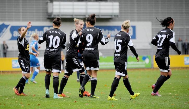 16.11.2014, xfux, Fussball 1.Bundesliga Damen, TSG 1899 Hoffenheim - 1.FFC Frankfurt, v.l. Spielerinnen vom 1.FFC Frankfurt Torjubel, Goal celebration, celebrate the goal zum 0:3