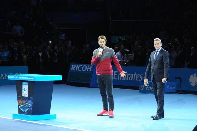 Roger Federer (Sui) retiring TENNIS : ATP Tennis Herren World Tour Finals 2014 - 11 11 2014 - 16 11 2014 TennisMagazine Panoramic 