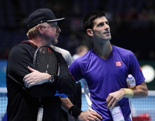 TENNIS - ATP, World Tour Finals 2014 LONDON,ENGLAND,16.NOV.14 - TENNIS - ATP Tennis Herren World Tour, World Tour Finals 2014, single final. Image shows Boris Becker and Novak Djokovic (SRB). 
