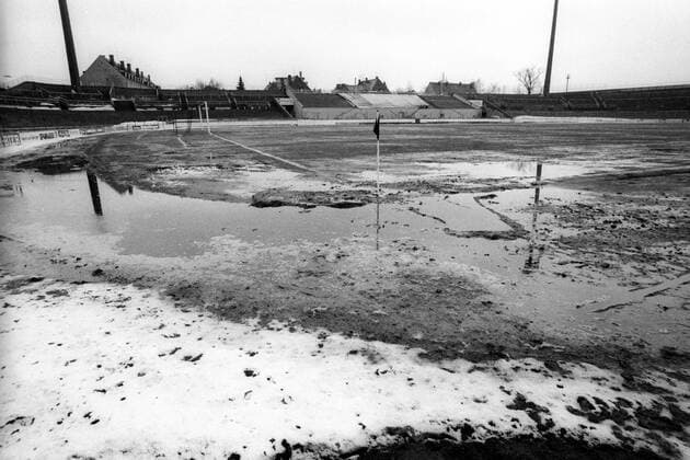 Das Stadion an der Grünwalder Straße in München steht unter Wasser