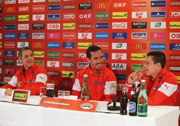 SOCCER - AUT vs BRA, preview VIENNA,AUSTRIA,17.NOV.14 - SOCCER - ÖFB international match, Austria vs Brazil, friendly match, preview, final press conference of team AUT. Image shows head coach Marcel Koller, Christian Fuchs and Zlatko Junuzovic (AUT). 