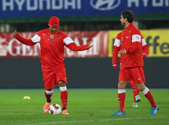 SOCCER - AUT vs BRA VIENNA,AUSTRIA,17.NOV.14 - SOCCER - European Qualifiers, OEFB international match, Austria vs Brazil, friendly match, preview, final training team AUT. Image shows Rubin Okotie and György Garics (AUT). 
