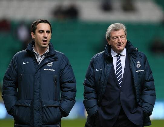 England s Gary Neville and Roy Hodgson look on - International Friendly - Scotland vs England- Celtic Park - Glasgow - Scotland - 18th November 2014 - Picture DavidKlein Sportimage EDITORIAL USE ONLY. No use with unauthorised audio, video, data, fixture lists, club league logos or live services. Online in-match use limited to 120 images, no video emulation. No use in betting, games or single club league player publications.