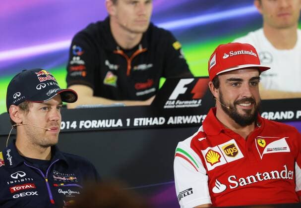 - ABU DHABI, UNITED ARAB EMIRATES: German Sebastian Vettel of Infiniti Red Bull Racing and Spanish Fernando Alonso of Scuderia Ferrari pictured during a press conference, part of preparations ahead of the 2014 Abu Dhabi Grand Prix Formula One race, at the Yas Marina Circuit in Abu Dhabi, United Arab Emirates . GEORGESxDExCOSTER  xpremiumd 38691x