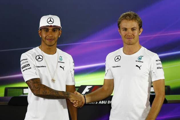 Motorsports: FIA Formula One World Championship 2014, Grand Prix of Abu Dhabi, 44 Lewis Hamilton (GBR, Mercedes AMG Petronas F1 Team), 6 Nico Rosberg (GER, Mercedes AMG Petronas F1 Team), xHOCHxZWEIx