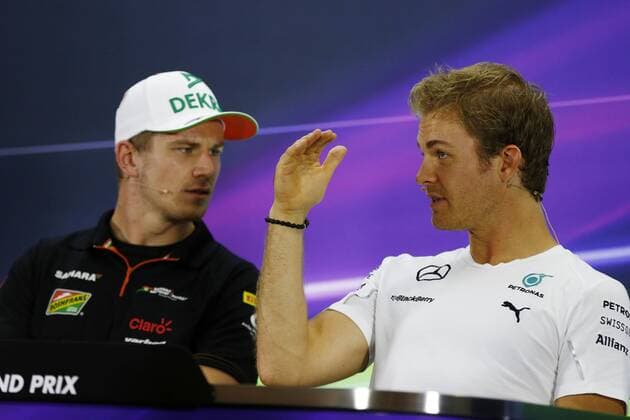 Motorsports: FIA Formula One World Championship 2014, Grand Prix of Abu Dhabi, 27 Nico Hulkenberg (GER, Sahara Force India F1 Team), 6 Nico Rosberg (GER, Mercedes AMG Petronas F1 Team), xHOCHxZWEIx