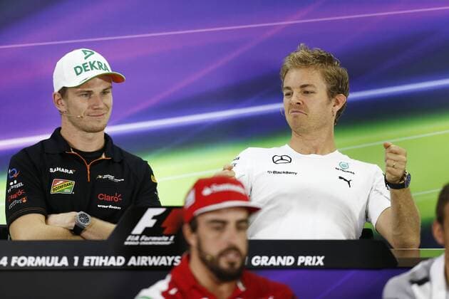 Motorsports: FIA Formula One World Championship 2014, Grand Prix of Abu Dhabi, 27 Nico Hulkenberg (GER, Sahara Force India F1 Team), 6 Nico Rosberg (GER, Mercedes AMG Petronas F1 Team), xHOCHxZWEIx