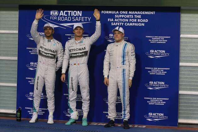 22.11.2014. Yas marina Circuit, Abu Dhabi, United Arab Emirates. FIA Formula One World Championship 2014, Grand Prix of Abu Dhabi, qualification day. Nico Rosberg from Mercedes AMG Petronas F1 takes pole ahead of tomorrows race followed by team mate Lewis Hamilton and 3rd place Williams Martini Racing driver Valtteri Bottas xLeannexBoonx  ActionPlus11578185