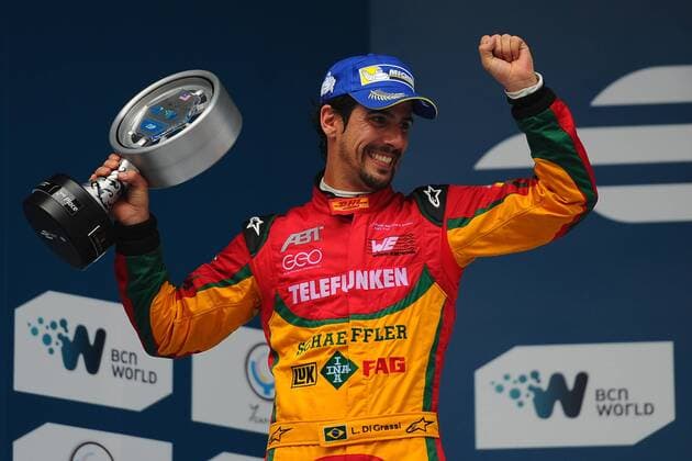 Nov. 22, 2014 - Putrajaya, Malaysia - Audi Sport ABT driver Lucas di Grassi of Brazil celebrates at the final inspection after finishing second at the Round 2 Formula E all-electric auto race in Putrajaya, Malaysia, Saturday, November 22, 2014. Malaysia Formula E Auto Racing  - ZUMAn230
