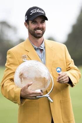 November 23, 2014: Nick Cullen during the trophy presentation wearing the golden jacket holds up the trophy during the final round of the Australian Golf Masters at Metropolitan Golf Club, Melbourne Victoria Australia GOLF: NOV 23 Australian Masters - Final Round Icon14112364 EDITORIAL USE ONLY