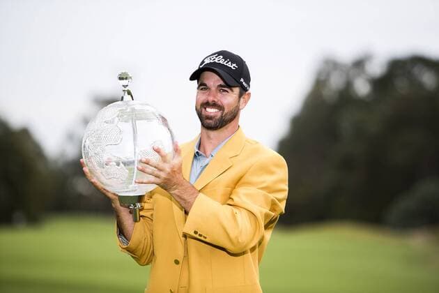 November 23, 2014: Nick Cullen during the trophy presentation wearing the golden jacket holds up the trophy during the final round of the Australian Golf Masters at Metropolitan Golf Club, Melbourne Victoria Australia GOLF: NOV 23 Australian Masters - Final Round Icon14112368 EDITORIAL USE ONLY