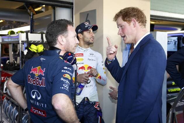 Motorsports: FIA Formula One World Championship 2014, Grand Prix of Abu Dhabi, Christian Horner (GBR, Infiniti Red Bull Racing), 3 Daniel Ricciardo (AUS, Infiniti Red Bull Racing), Prince Harry xHOCHxZWEIx