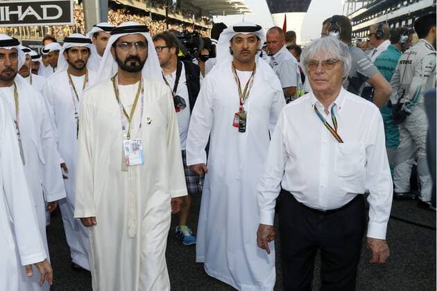 Aktuell Motorsport, Formel 1, Scheich Muhammad bin Raschid Al Maktum beim GP Abu Dhabi Motorsports: FIA Formula One World Championship 2014, Grand Prix of Abu Dhabi, Bernie Ecclestone (GBR, President and CEO of Formula One Management and Formula One Administration), xHOCHxZWEIx