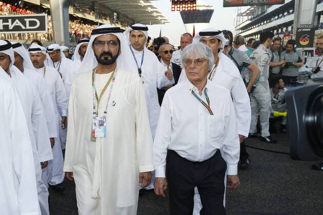 Aktuell Motorsport, Formel 1, Scheich Muhammad bin Raschid Al Maktum beim GP Abu Dhabi Motorsports: FIA Formula One World Championship 2014, Grand Prix of Abu Dhabi, Bernie Ecclestone (GBR, President and CEO of Formula One Management and Formula One Administration), xHOCHxZWEIx