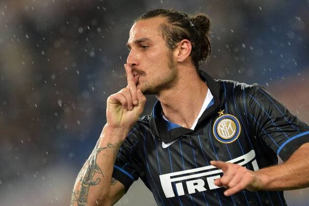 Aktuell Fußball, Italien, AS Rom - Inter Mailand Daniel Pablo Daniel Osvaldo Inter. Goal celebration. Roma 30-11-2014 Stadio Olimpico. Football Calcio 2014 2015 Serie A. AS Rom vs Inter Mailand AntoniettaxBaldassarre