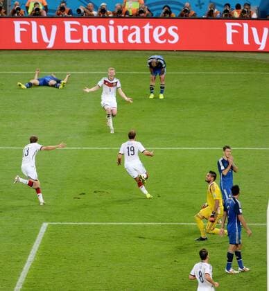 World Cup 2014: Argentina vs Germany Rio de Janiero Brazil 13th July 2014 World Cup final 2014 Argentina vs Germany Mario Götze scores the only goal of the game. Andre Schürrle 