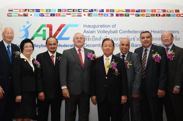 Dec. 2, 2014 - Bangkok, Thailand - A group picture of FIVB members lead by Ary Graca (4th from L), Saleh Bin Nasser (3rd from L) and Amr Elwani (2nd from R) during an inauguration of Asia Volleyball Confederation (AVC) Headquarters in Bangkok, Thailand on December 2, 2014. Asia Volleyball Confederation (AVC) decide to move their headquarters from Beijing, China to Bangkok, Thailand. Asian Volley Confederation  - ZUMAn230