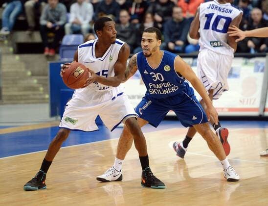 02.12.2014, xjhx, Basketball Eurochallenge, Frankfurt Skyliners - Okapi Aalstar, v.l. Jason Clark (Okapi Aalstar), Justin Cobbs (Fraport Skyliners Frankfurt)