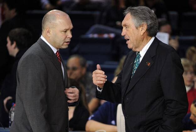 Feb. 8, 2008 - University of San Francisco head coach Eddie Sutton (right) chats with St. Mary s head coach Randy Bennett before the start of the game at McKeon Pavilion in Moraga, California, Friday, February 8, 2008. (Jose Carlos Fajardo Contra Costa Times MCT) News Archive - Feb. 8, 2008 - ZUMAm67_