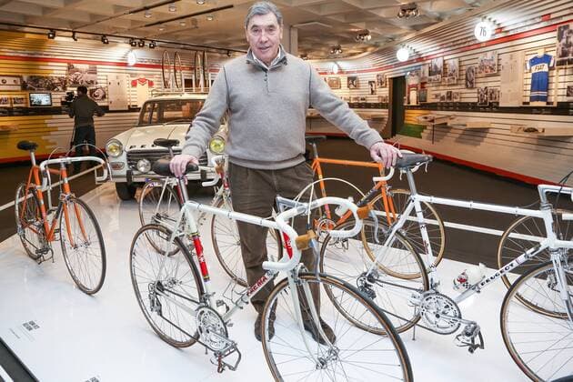 - BRUSSELS, BELGIUM: Famous former cycling champion Eddy Merckx poses for the photographer with some of his old bikes after the press opening of the exhibition on cycling legend Edd Merckx and racing legend Jacky Ickx at the occasion of their seventieth birthdays, Wednesday 03 December 2014. The exhibition at teh Atomium square in Brussels will be open from 6 December to 21 June 2015. BRUNOxFAHY  x04513823x