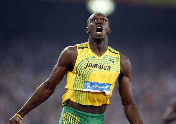 Aug. 20, 2008 - Usain Bolt of Jamaica celebrates a gold medal and world record in the 200 meters on Wednesday, August 20, 2008, in the Games of the XXIX Olympiad in Beijing, China. (Tom Fox Dallas Morning News MCT) News Archive - Aug. 20, 2008 - ZUMAm67_