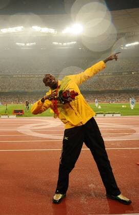 Aug. 21, 2008 - Usain Bolt of Jamaica shows of his gold medal in the 200 meters received in a ceremony on Thursday, August 21, 2008, in the Games of the the XXIX Olympiad in Beijing, China. Bolt won the 200 on Wednesday night. (Abaca Press MCT) News Archive - Aug. 21, 2008 - ZUMAm67_