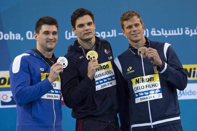 ORSI Marco ITA Silver MEdal, MANAUDOU Florent FRA Gold Medal, CIELO Filho BRA Bronze Medal Men s 100m Freestyle Doha Qatar 05-12-2014 Hamad Aquatic Centre, 12th FINA World Swimming Championships (25m). Nuoto Campionati mondiali di nuoto in vasca corta. Photo Andrea Staccioli Deepbluemedia Insidefoto andreaxstaccioli
