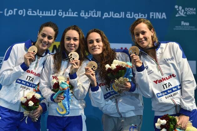 DI PIETRO Silvia, FERRAIOLI Erika, MIZZAU Alice, PELLEGRINI Federica Italia Bronze Medal 4x100 Freestyle Women Relay Doha Qatar 05-12-2014 Hamad Aquatic Centre, 12th FINA World Swimming Championships (25m). Nuoto Campionati mondiali di nuoto in vasca corta. Photo Andrea Staccioli Deepbluemedia Insidefoto andreaxstaccioli
