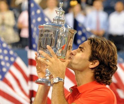 Sept. 8, 2008 - Roger Federer raises the winning trophy after in the men s finals of the US Open tennis tournament on Monday, September 8, 2008, in Flushing Meadows, New York.) News Archive - Sept. 8, 2008 - ZUMAm67_