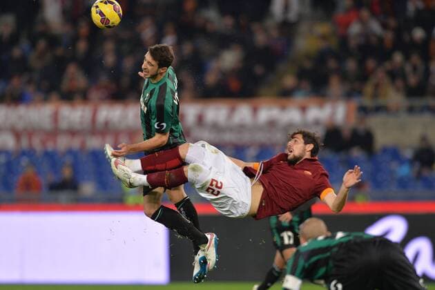 Aktuell Fußball, Italien, Serie A, AS Rom - Sassuolo Mattia Destro Roma, Sime Vrsaljko Sassuolo. Roma 6-12-2014 Stadio Olimpico. Football Calcio 2014 2015 Serie A. AS Rom vs Sassuolo Calcio AntoniettaxBaldassarre