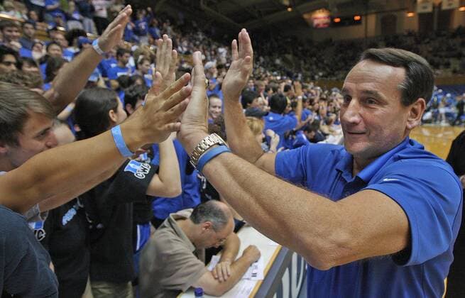 Oct. 18, 2008 - Duke head coach Mike Krzyzewski greets the Cameron Crazies before their annual Blue-White game at Cameron Indoor Stadium in Durham, North Carolina, Saturday October 18, 2008. (Chuck Liddy Raleigh News & Observer MCT) News Archive - Oct. 18, 2008 - ZUMAm67_