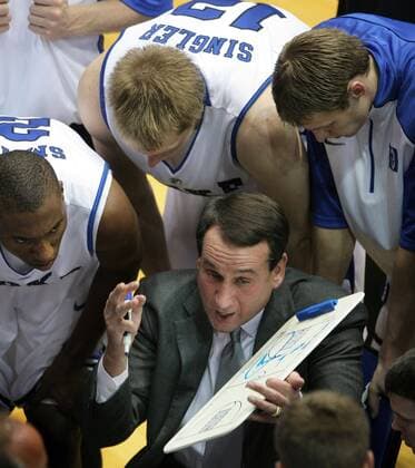 Nov. 5, 2008 - Duke head coach Mike Krzyzewski speaks with his team during a time out against Lenoir-Rhyne in a preseason game at Cameron Indoor Stadium in Durham, North Carolina, Wednesday, November 5, 2008. Duke defeated Lenoir-Rhyne, 95-42. (Chuck Liddy Raleigh News & Observer MCT) News Archive - Nov. 5, 2008 - ZUMAm67_