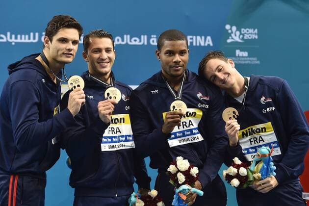 FRANCE Bronze Medal 4x100m Medley Relay Doha Qatar 07-12-2014 Hamad Aquatic Centre, 12th FINA World Swimming Championships (25m). andreaxstaccioli