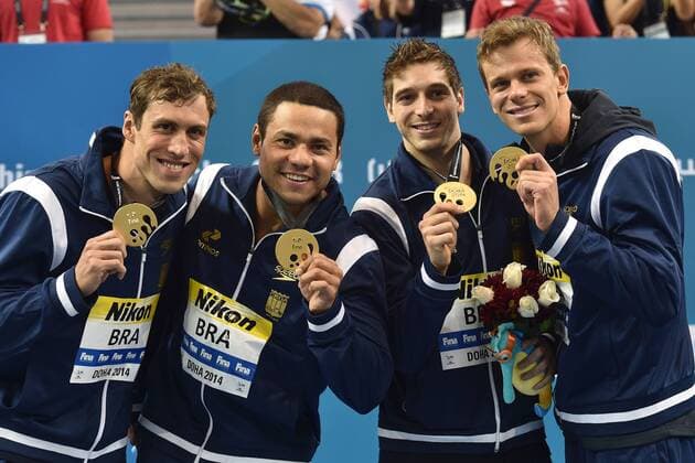 BRAZIL Gold Medal 4x100m Medley Relay Doha Qatar 07-12-2014 Hamad Aquatic Centre, 12th FINA World Swimming Championships (25m). andreaxstaccioli