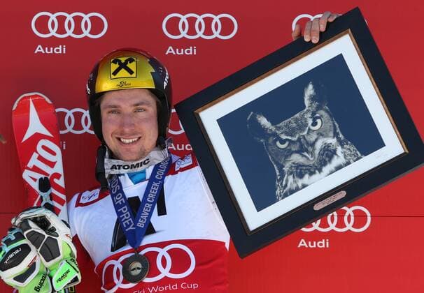 ALPINE SKIING - FIS WC Beaver Creek BEAVER CREEK,COLORADO,USA,07.DEC.14 - ALPINE SKIING - FIS World Cup, giant slalom men, award ceremony. Image shows the rejoicing of Marcel Hirscher (AUT). Keywords: trophy, medal.