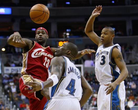 Jan. 4, 2009 - Cleveland Cavaliers LeBron James (23) loses control of the ball while being guarded by Washington Wizards Antawn Jamison (4) and Caron Bultler (3) during their game played at the Verizon Center in Washington, D.C., Sunday, January 4, 2009. (Harry E. Walker MCT) News Archive - Jan. 4, 2009 - ZUMAm67_