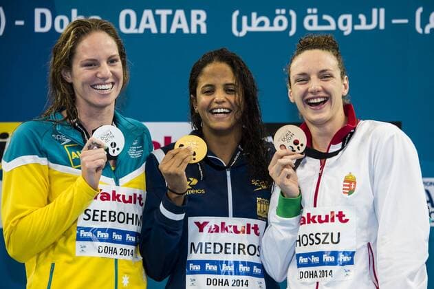 MEDEIROS Etiene BRA Gold Medal WR SEEBOHM Emily AUS Silver Medal HOSSZU Katinka HUN Bronze Medal Women s 50m Backstroke Final Doha Qatar 07-12-2014 Hamad Aquatic Centre, 12th FINA World Swimming Championships (25m). GiorgioxScala