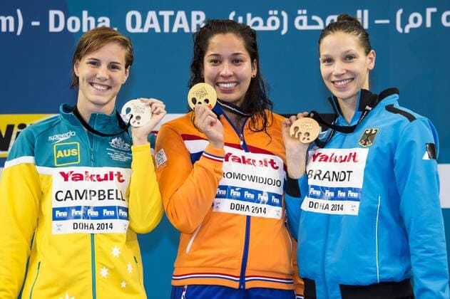 KROMOWIDJOJO Ranomi NED Gold Medal CAMPBELL Bronte AUS Silver Medal BRANDT Dorothea GER Bronze Medal Women s Freestyle 50m Final Doha Qatar 07-12-2014 Hamad Aquatic Centre, 12th FINA World Swimming Championships (25m). GiorgioxScala