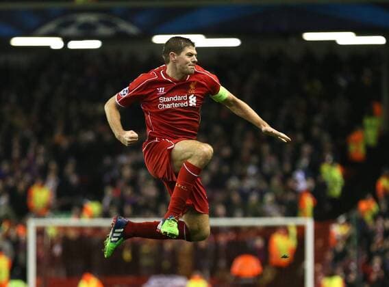 Steven Gerrard of Liverpool celebrate scoring the equalising goal - UEFA Champions League group B - Liverpool vs Basel - Anfield Stadium - Liverpool - England - 9th December 2014 - Picture Simon Bellis Sportimage EDITORIAL USE ONLY. No use with unauthorised audio, video, data, fixture lists, club league logos or live services. Online in-match use limited to 120 images, no video emulation. No use in betting, games or single club league player publications.