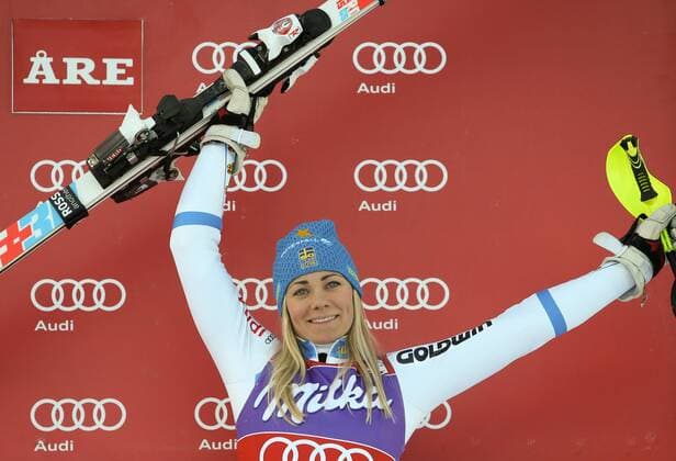 ALPINE SKIING - FIS WC Aare AARE,SWEDEN,13.DEC.14 - ALPINE SKIING - FIS World Cup, slalom, ladies, award ceremony. Image shows the rejoicing of Frida Hansdotter (SWE).