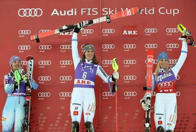 ALPINE SKIING - FIS WC Aare AARE,SWEDEN,13.DEC.14 - ALPINE SKIING - FIS World Cup, slalom, ladies, award ceremony. Image shows the rejoicing of Tina Maze (SLO). Keywords: Stoeckli, Maria Pietilae-Holmner (SWE) and Frida Hansdotter (SWE).