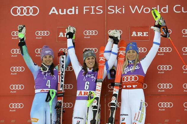 ALPINE SKIING - FIS WC Aare AARE,SWEDEN,13.DEC.14 - ALPINE SKIING - FIS World Cup, slalom, ladies, award ceremony. Image shows the rejoicing of Tina Maze (SLO). Keywords: Stoeckli, Maria Pietilae-Holmner (SWE) and Frida Hansdotter (SWE).