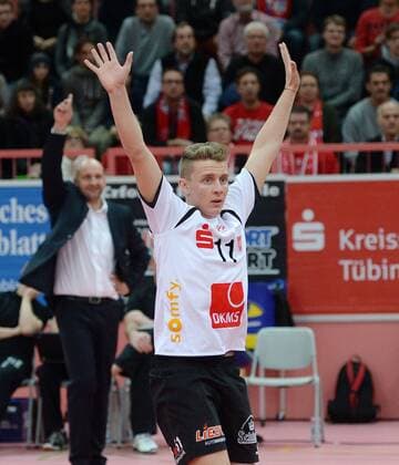 Volleyball 1. Bundesliga 2014 2015 TV Rottenburg - VC Olympia Berlin 14.12.2014 JUBEL Johannes Elsaesser (TV Rottenburg) 