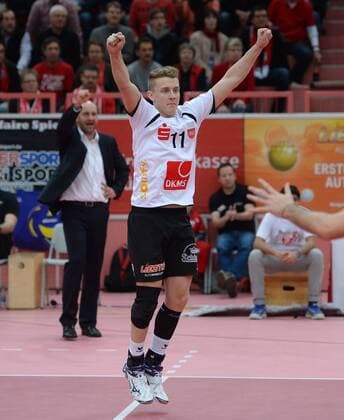 Volleyball 1. Bundesliga 2014 2015 TV Rottenburg - VC Olympia Berlin 14.12.2014 JUBEL Johannes Elsaesser (TV Rottenburg) 