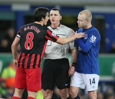 Steven Naismith of Everton points finger at Joey Barton of QPR - Barclays Premier League - Everton vs QPR - Goodison Park Stadium - Liverpool - England - 15th December 2014 - Picture Simon Bellis Sportimage EDITORIAL USE ONLY. No use with unauthorised audio, video, data, fixture lists, club league logos or live services. Online in-match use limited to 120 images, no video emulation. No use in betting, games or single club league player publications.